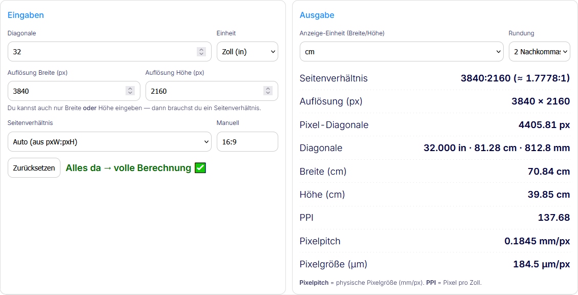 Screen calculator for width, height and resolution